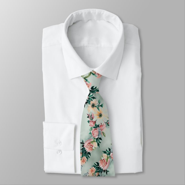 Pastel Sage Green Yellow Daisy Flowers Pink Roses Neck Tie (Tied)