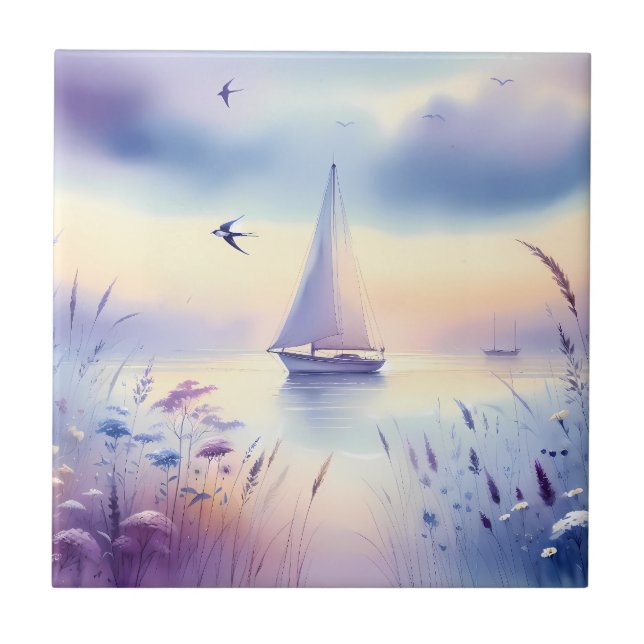 Pastel Sailboat Coastal Dreamscape Ceramic Tile (Front)