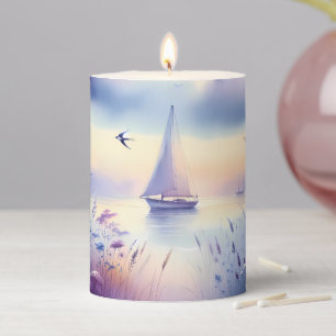 Pastel Sailboat Coastal Dreamscape Pillar Candle
