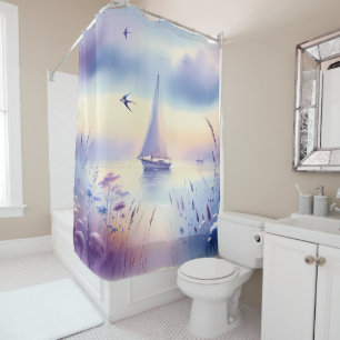 Pastel Sailboat Coastal Dreamscape Shower Curtain