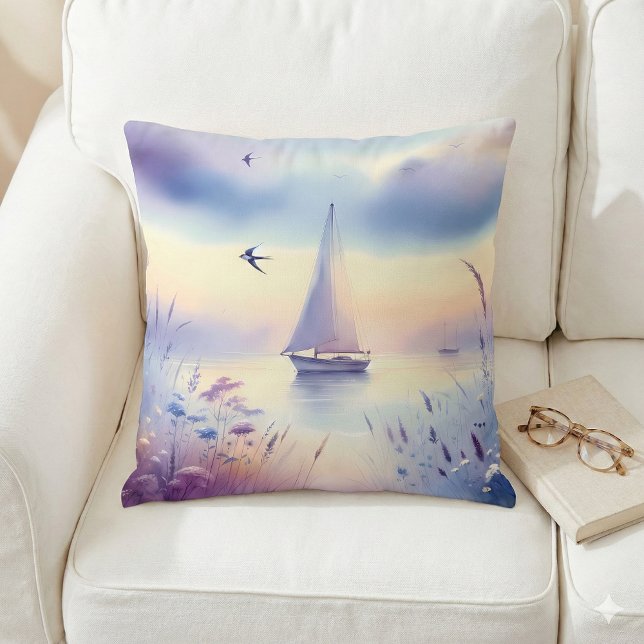 Pastel Sailboat Coastal Dreamscape Throw Pillow (Pastel Sailboat Coastal Dreamscape Throw Pillow Mockup A)