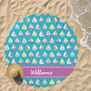 Pastel Sailboat Pattern   Add Your Name Beach Towel