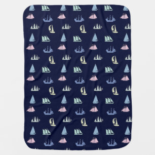 Pastel Sailboat Pattern on Midnight Blue Baby Blanket