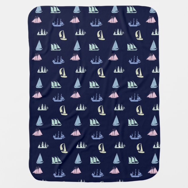 Pastel Sailboat Pattern on Midnight Blue Baby Blanket (Front)