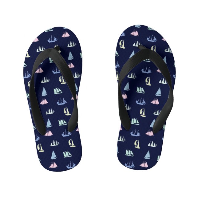Pastel Sailboat Pattern on Midnight Blue Kid's Flip Flops (Footbed)
