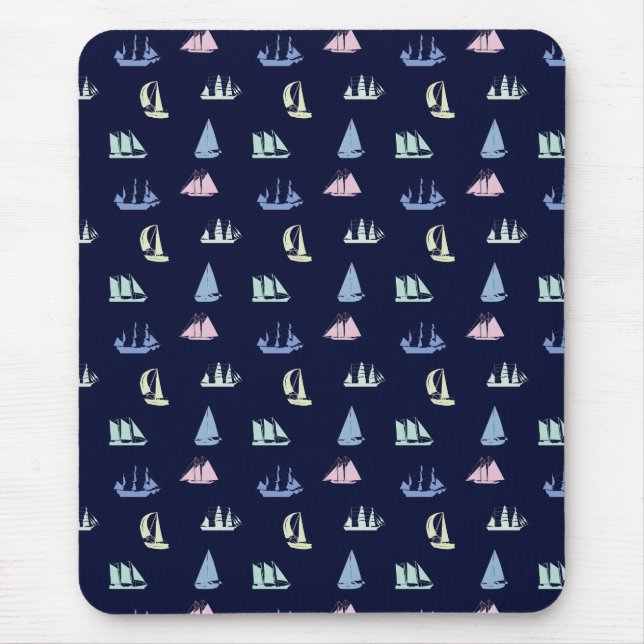 Pastel Sailboat Pattern on Midnight Blue Mouse Pad (Front)