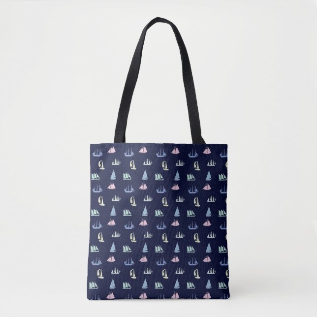 Pastel Sailboat Pattern on Midnight Blue Tote Bag (Front)