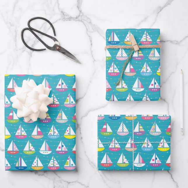 Pastel Sailboat Pattern Wrapping Paper Sheets (Front)