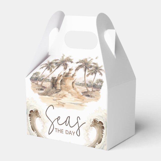 Pastel Sand Beach Party Seas the Day Favor Boxes (Front Side)