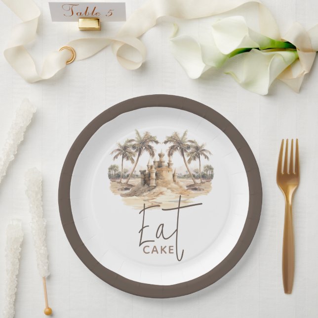Pastel Sand Elegant Beach Party Eat Cake Paper Plates (Wedding)