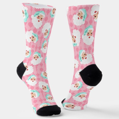 Pastel Santa Claus Faces Vintage Christmas Socks