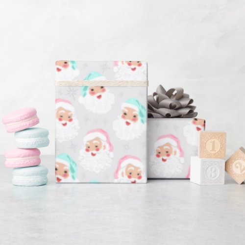 Pastel Santa Claus Faces Vintage Christmas Wrapping Paper