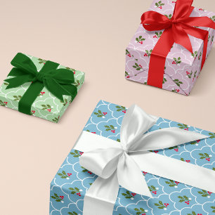 Pastel Scallop Tile Holly Branch Berry Christmas Wrapping Paper Sheets