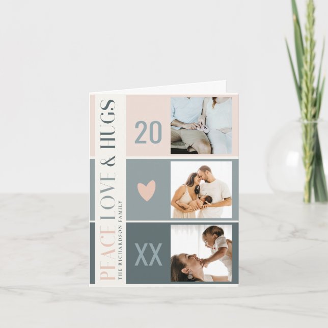 Pastel Scandi Blush Grey 3 Photo Peace Love & Hugs Holiday Card (Front)
