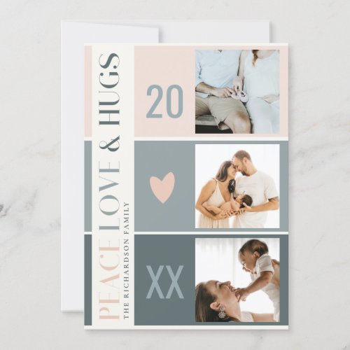 Pastel Scandi Blush Grey 3 Photo Peace Love  Hugs Holiday Card
