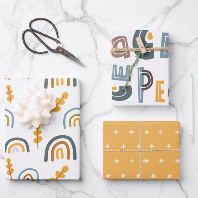 Pastel Scandi Rainbow Tree Text Peace Christmas Wrapping Paper Sheets (Front)