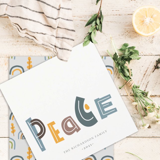 Pastel Scandi Yellow Gray Text Peace Christmas Holiday Card (Creator Uploaded)