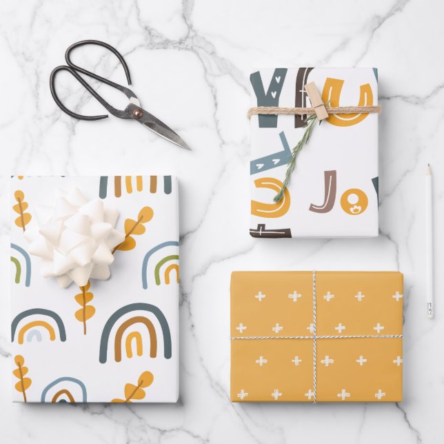 Pastel Scandi Yellow Grey Text Joyful Christmas Wrapping Paper Sheets (Front)