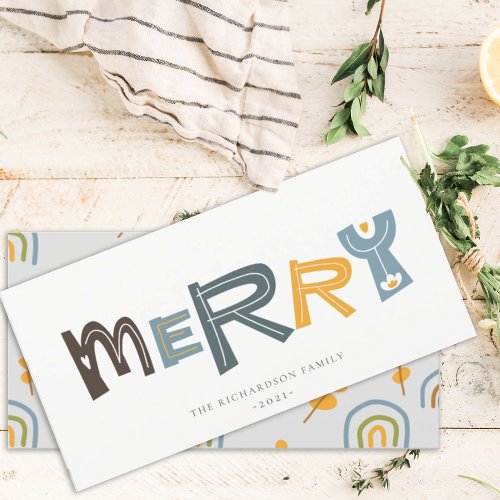 Pastel Scandi Yellow Grey Text Merry Christmas Holiday Card