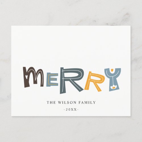 Pastel Scandi Yellow Grey Text Merry Christmas Holiday Postcard