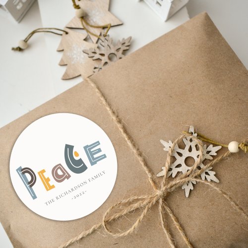 Pastel Scandi Yellow Grey Text Peace Christmas Classic Round Sticker