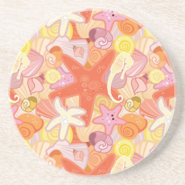 Pastel Sea Creature Pattern Drink Coaster (Front)