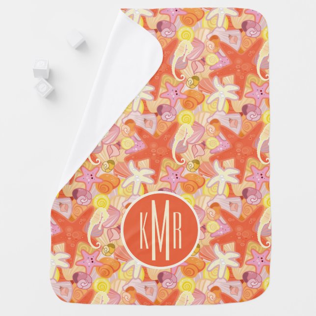Pastel Sea Creature Pattern | Monogram Receiving Blanket (In Situ)