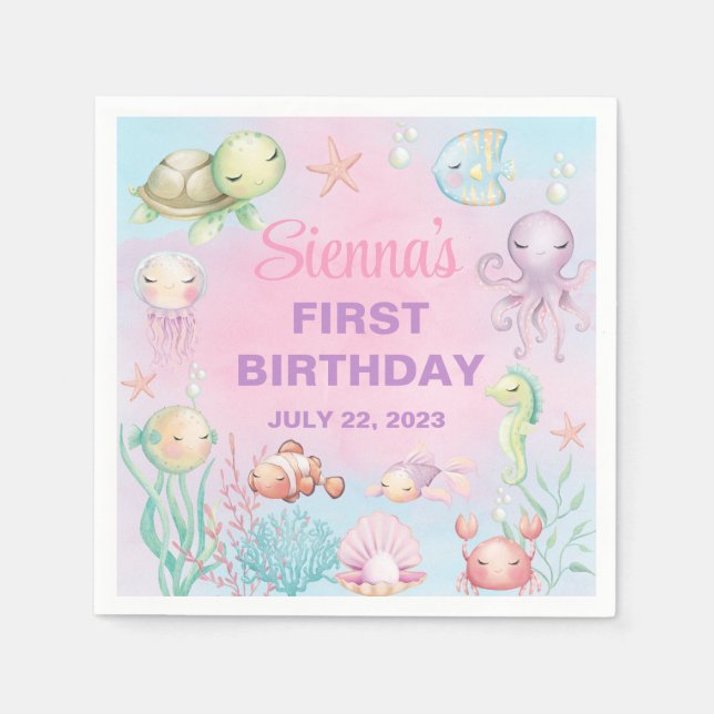 Pastel sea life girl birthday paper napkins. napkins (Front)