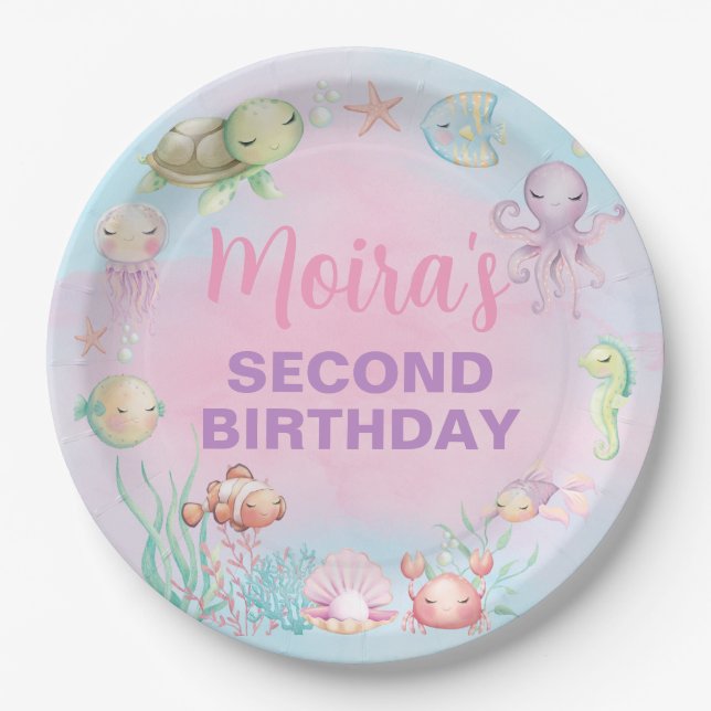 Pastel sea life girl birthday paper plates. paper plates (Front)