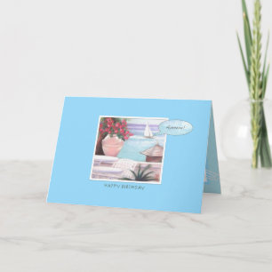 Pastel Sea & Sailboat Happy Birthday on Blue Card