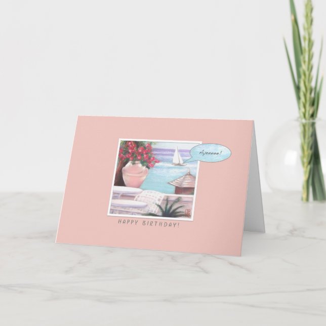 Pastel Sea & Sailboat Happy Birthday on Pink Card (Front)