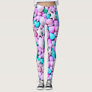 Pastel sea shells beach starfish blue purple leggings
