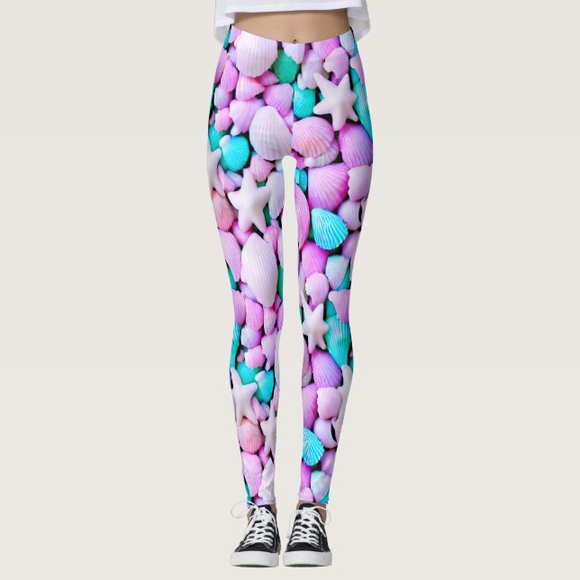 Pastel sea shells beach starfish blue purple leggings (Front)