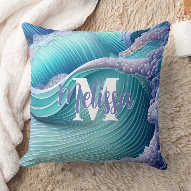 Pastel Sea Waves Monogram Throw Pillow (Blanket)
