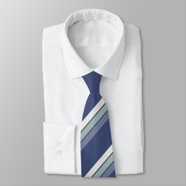 Pastel Seaglass Green Violet White Stripes On Blue Neck Tie (Tied)