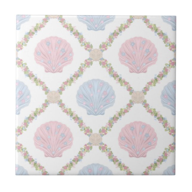 Pastel Seashell Coastal Beach Lattice Pattern Ceramic Tile (Front)