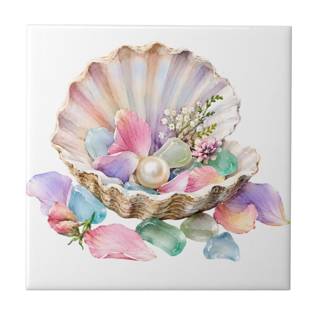 Pastel Seashell Pearl Ocean Beach Coastal Art Ceramic Tile (Front)