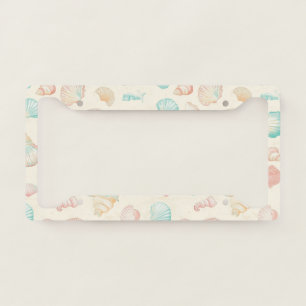 Pastel Seashell Starfish Blue Peach Coastal License Plate Frame