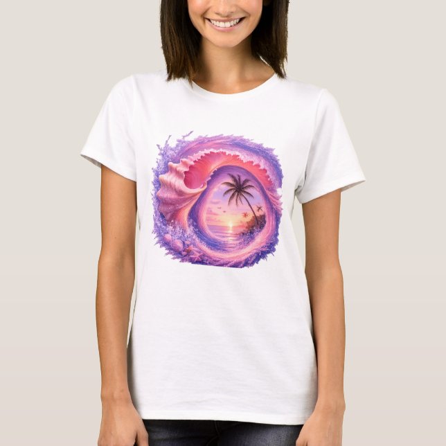 Pastel Seashell Sunset Wave – Dreamy Tropical Ocea T-Shirt (Front)