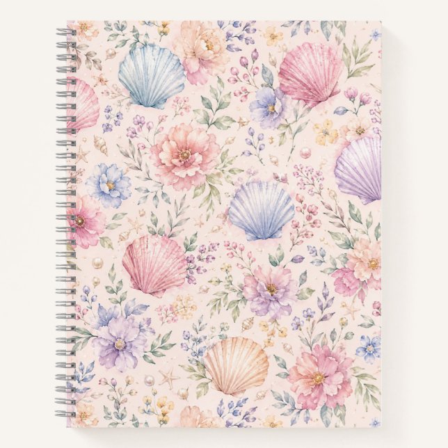 Pastel Seashell Watercolor Beach Pattern Notebook (Front)