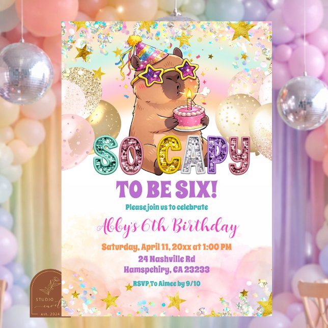 Pastel Sequin Glitter Capybara Birthday Invitation (Creator Uploaded)