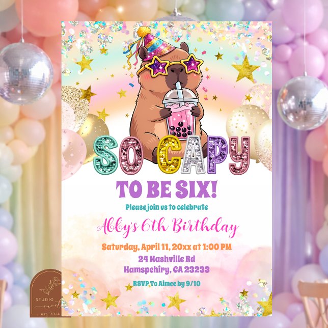 Pastel Sequin Glitter Capybara Birthday Invitation (Creator Uploaded)