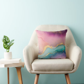 Pastel Serenity Watercolor Pillow with Gold Vein
