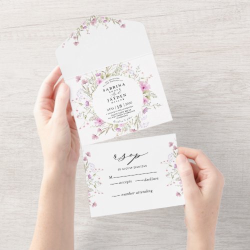 Pastel Shade Blush Pink Wild Floral Wedding All In One Invitation