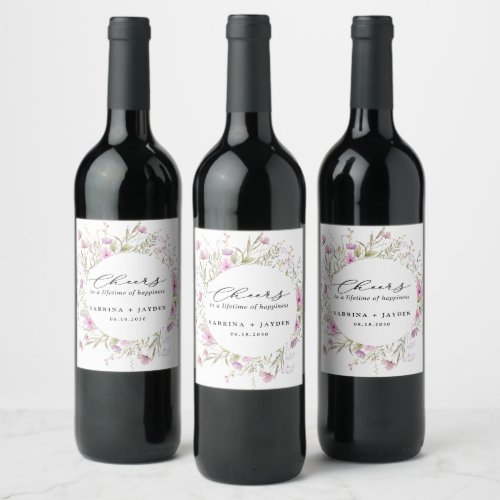 Pastel Shade Blush Pink Wild Floral Wedding Cheers Wine Label