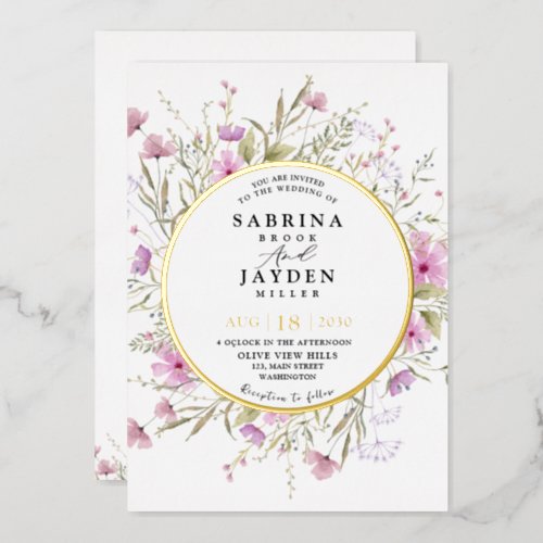 Pastel Shade Blush Pink Wild Floral Wedding Gold Foil Invitation