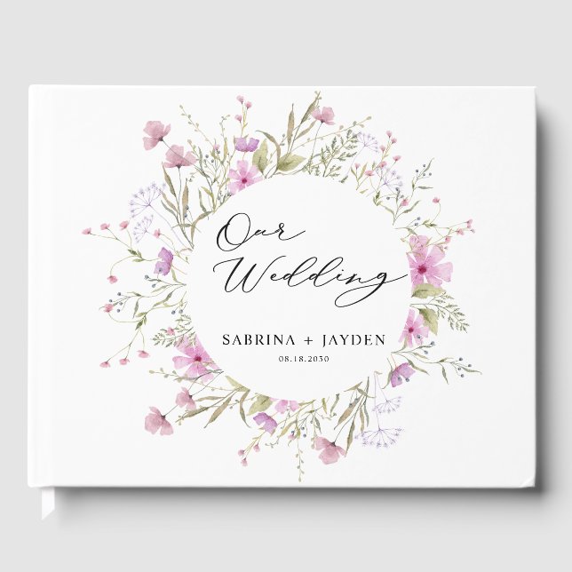 Pastel Shade Blush Pink Wild Floral Wedding Guest Book (Front)