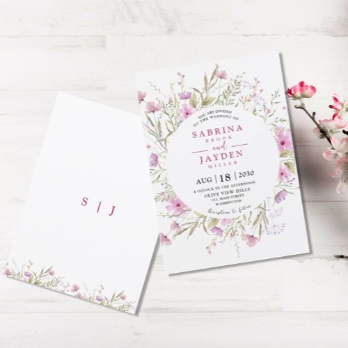  Pastel Shade Blush Pink Wild Floral Wedding Invitation