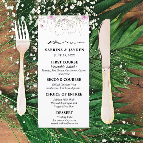 Pastel Shade Pink Wild Floral Wedding  Menu