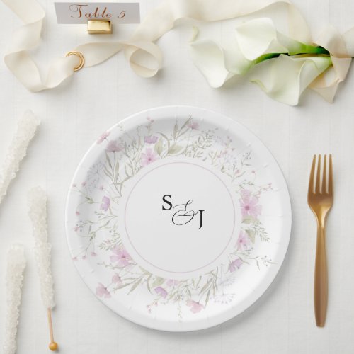 Pastel Shade Pink Wild Floral Wedding Paper Plates